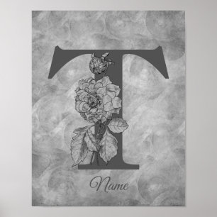 Poster Pivoine Élégant Monogramme Initiale T Personnalisé
