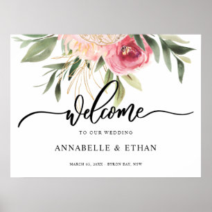 Poster Pivoine et feuille d'or Signe de bienvenue Bloom