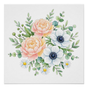 Poster Pivoine et fleur d'anémone blanche florale à l'aqu
