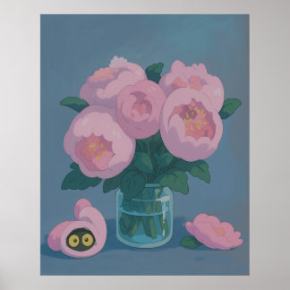 Poster Pivoines roses avec des yeux de chat cachés