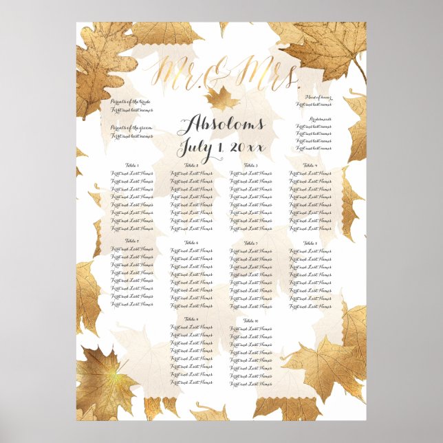 Poster PixDezines Chute Foliage/Faux Gold/Seating Chart (Devant)