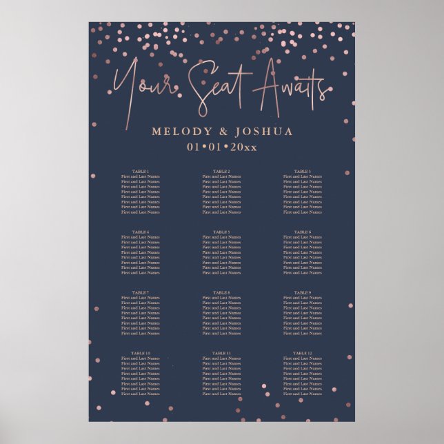 Poster PixDezines Marine+Rose Gold Script, Seating Chart (Devant)