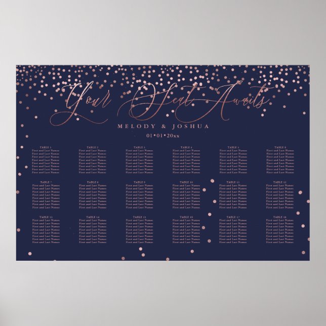Poster PixDezines Marine+Rose Gold Script, Seating Chart (Devant)