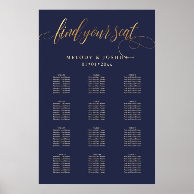 Poster PixDezines Navy+Gold Calligraphy, Seating Chart (Devant)