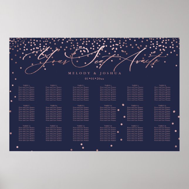 Poster PixDezines Navy + Rose Gold Script, Plan de table (Devant)