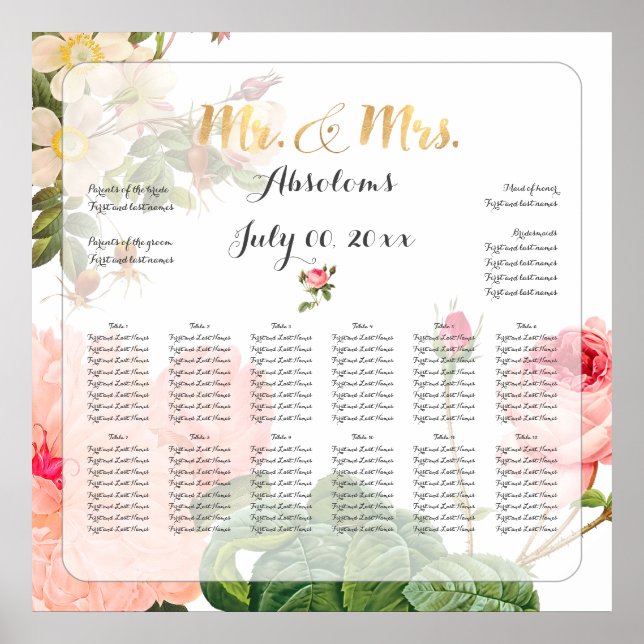 Poster PixDezines Vintage Roses Seating Chart (Devant)