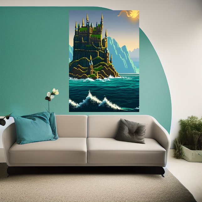 Poster Pixel art, Château sur pierre dans la mer | Art AI (Créateur téléchargé)