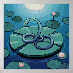 Poster Pixel Art Serpent Bleu sur une feuille de nénuphar