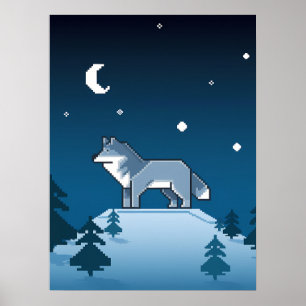 Poster Pixel Art Wolf solitaire sous la lune