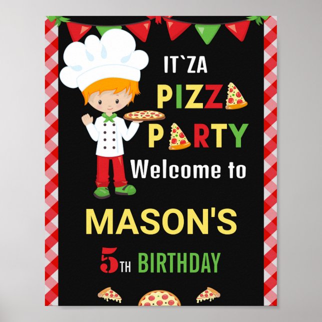 Poster Pizza signe de fête de bienvenue Pizza rouge et ve (Devant)