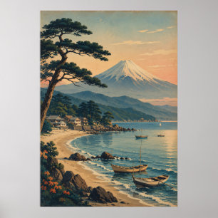 Poster Plage au clair de lune du mont Fuji Paysage japona