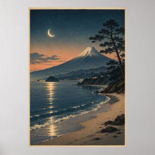 Poster Plage au clair de lune du mont Fuji Paysage japona