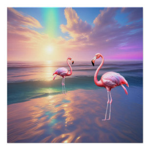 Poster Plage aux Flamants