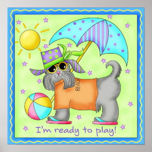 Poster Plage Chien Whimsy Art Vert bleu