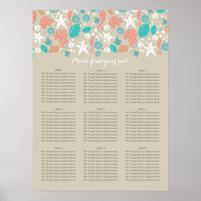 Poster Plage Côte Nautique Mer Mariage Cartes de siège (Devant)