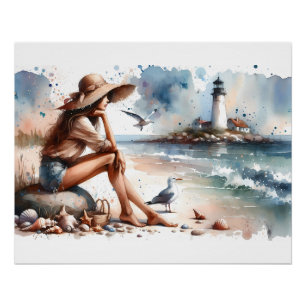 Poster Plage côtière fille et phare