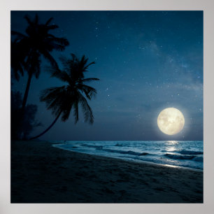 Poster Plage dans le ciel nocturne et pleine lune