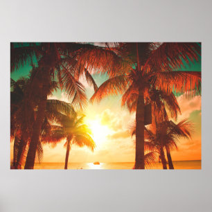 Poster Plage de coucher de soleil avec palmiers et magnif