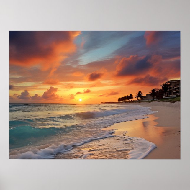 Poster Plage de coucher de soleil tropicale (Devant)