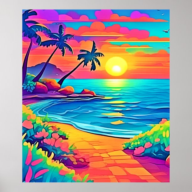 Poster Plage de coucher de soleil tropicale (Devant)