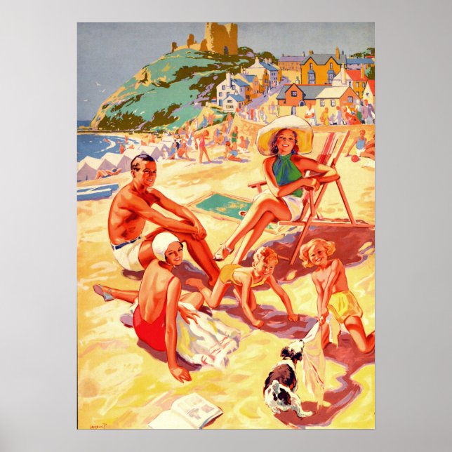 Poster Plage de Criccieth, Pays de Galles, famille, vacan (Devant)