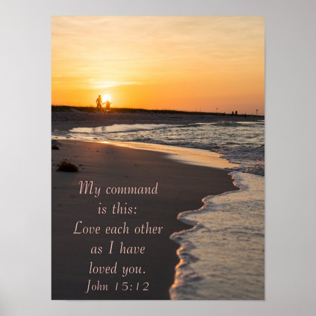 Poster Plage De Marche En Couple À Sunrise John 15 12 (Devant)