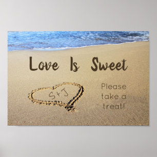 Poster Plage de mariage douce Amour Initiales dans le cœu
