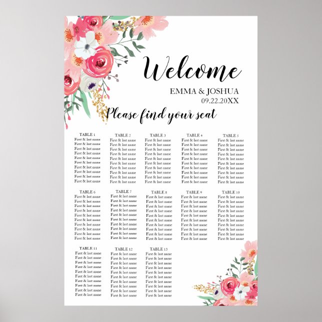 Poster Plage de mariage élégant rose et or floral (Devant)
