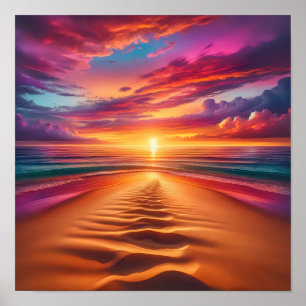 Poster Plage de sable menant à un coucher de soleil animé
