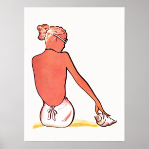 Poster plage de sable vintage rétro coquillages fille été