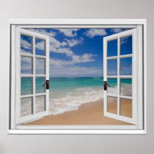 Poster Plage de sable Vue sur l'océan Fausse fenêtre