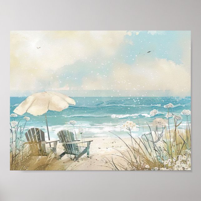 Poster Plage de style aquarelle scène avec chaises blanch (Devant)