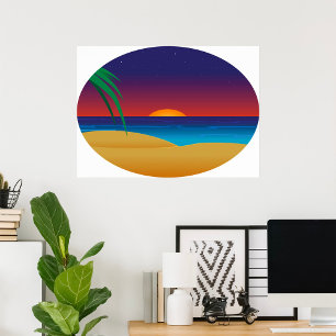 Poster Plage de Sunset Tropical Palm Feuille Ocean Waves