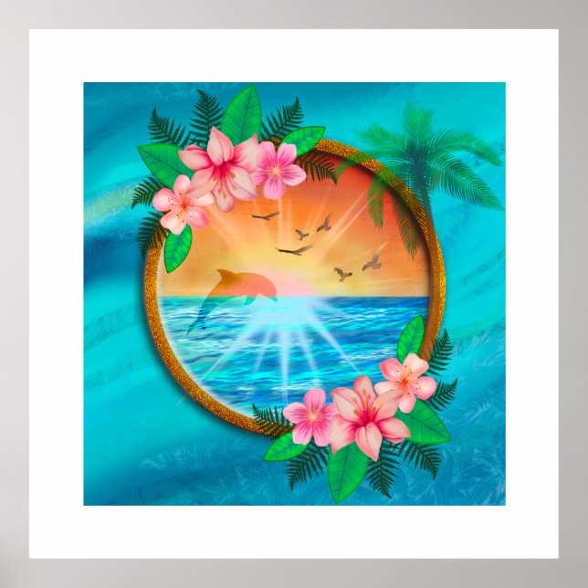 Poster Plage d'été Océan oiseaux volent dans le ciel et v (Devant)