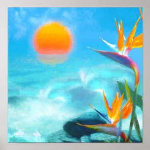 Poster PLAGE ENSOLEILLÉE Oiseaux du paradis