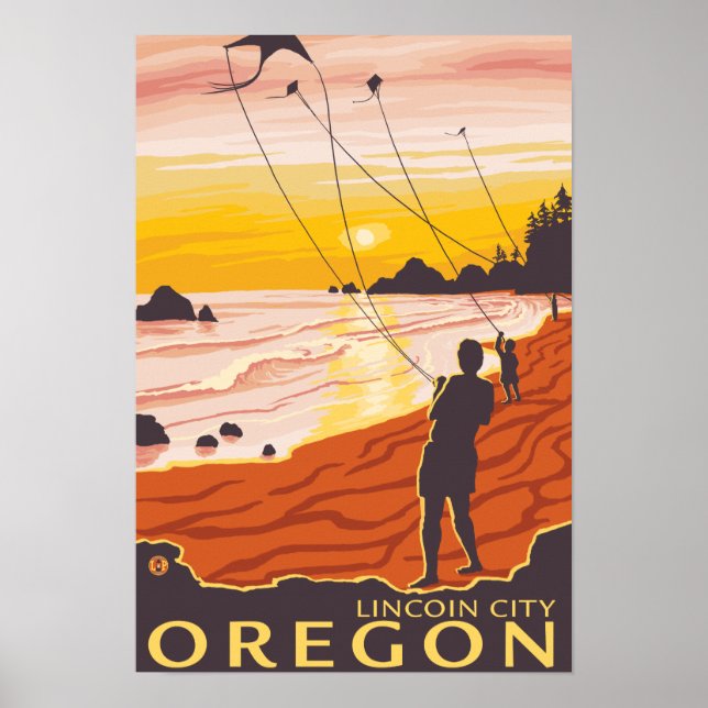 Poster Plage et cerfs-volants - Lincoln City, Oregon (Devant)