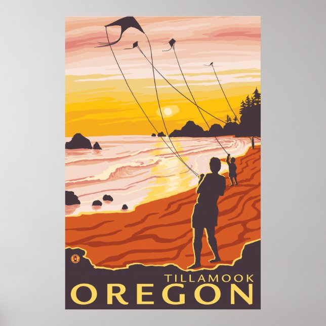 Poster Plage et cerfs-volants - Tillamook, Oregon (Devant)