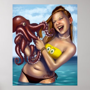 Poster Plage fille contre Octopus
