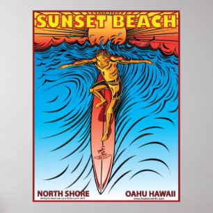 POSTER PLAGE HAWAÏ SURFBREAK DE COUCHER DU SOLEIL SURFANT