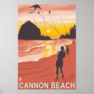 Poster Plage & Kites - Plage de Cannon, Oregon