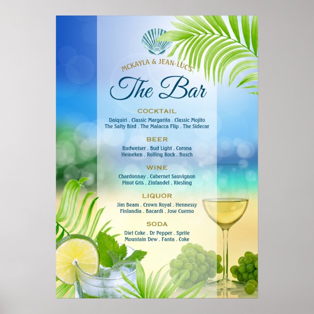 Poster Plage Mariage Mojito Vin Palm Open Bar Menu (Devant)