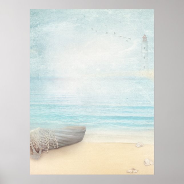 Poster Plage nautique avec Rowboat & Fishing Net (Devant)