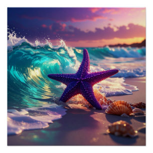 Poster Plage océanique avec étoile de mer violette