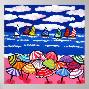 Poster Plage Parasols Bateaux à voile Fun Art folklorique