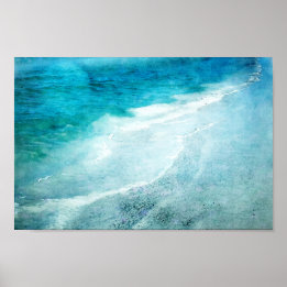 Poster Plage Retro - Côte Turquoise Bleu Océan Aquarelle