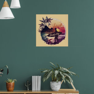 Poster Plage Sunset Surfer Rétro