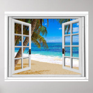 Poster Plage tranquille vue sur l'océan Fausse fenêtre