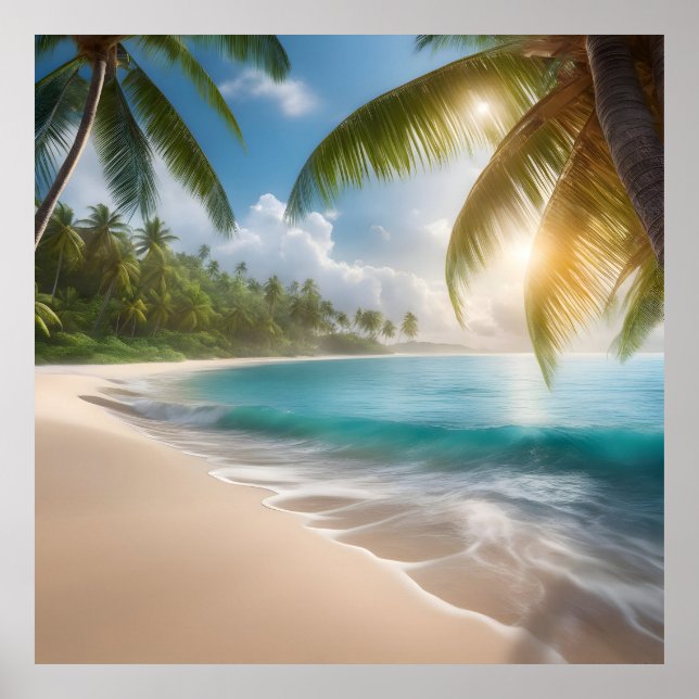 Poster Plage tropicale avec palmiers (Devant)