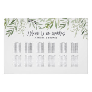 Poster Plan d'assise mariage vert du feuillage d'aquarell