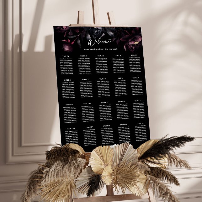 Poster Plan d'assise pour fleurs bordeaux foncé moody (Dark moody burgundy flowers wedding seating plan editable template poster digital download)